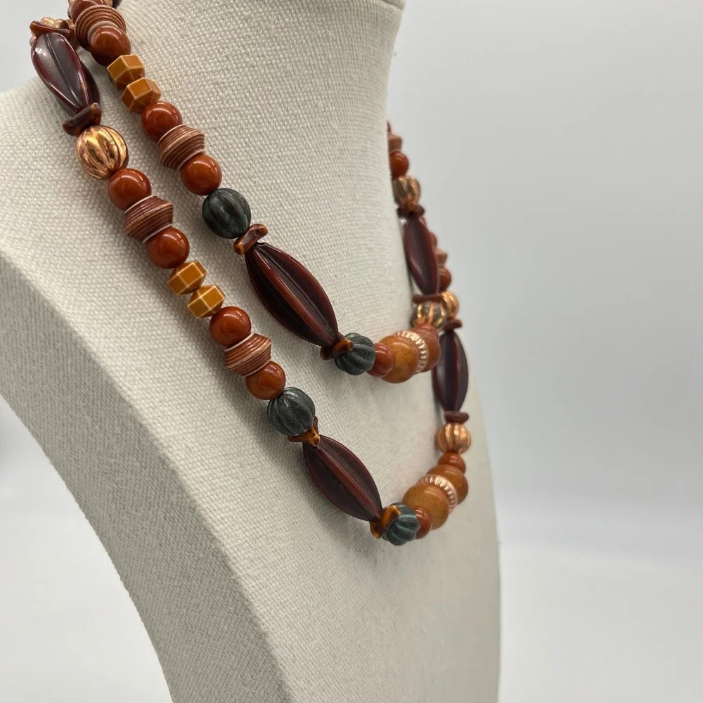 Vintage Earth Tone Mixed Media Beaded Necklace Copper Boho Statement‎ 34in